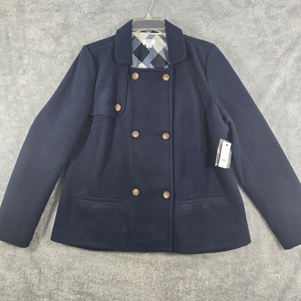 Crown & Ivy Women's XL Navy Double Breasted Peacoat Jacket Academia NWT